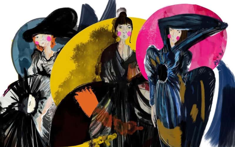 Fashion illustration of three conceptual avant-garde style garments by Emily Rose, BA Fashion. Womenswear with circular structures and angular headwear in black. The illustration has flashes of colour to define each garment