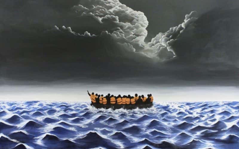 Figures in lifejackets aboard a boat in the middle of the ocean on a stormy evening.