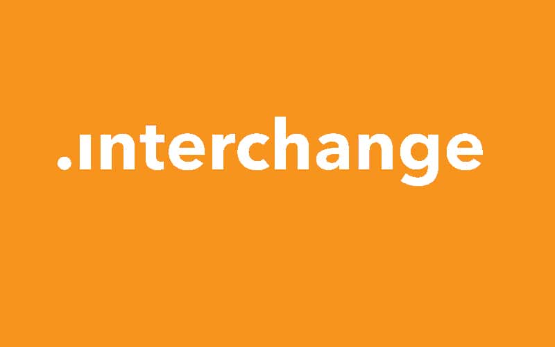 Orange background with white text which reads 'interchange'