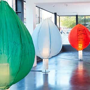Image of inflated ballons with lights inside them on display in a gallery space