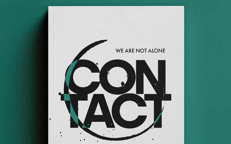 A front facing image of the next UK book cover design for Carl Sagan's contact, designed by BA Design for Publishing student Emily Shields. A majority white cover, with black lettering in capitals, spelling 'contact' over two lines. A thin, teal coloured crescent shape runs through the typography. The book cover is on a teal background.
