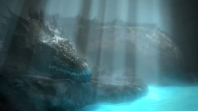 Games concept art showing dragon sleeping in turquoise lit room