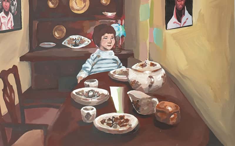 Detail from 'Phobia House' acrylic on canvas painting by Norfolk Art and Design Competition 2021 winner Emily Harbour. A painting of a young girl wearing a stripy top sat at a dining table. On the table are a variety of bowls and pots. On the walls, pictures of phobias hang