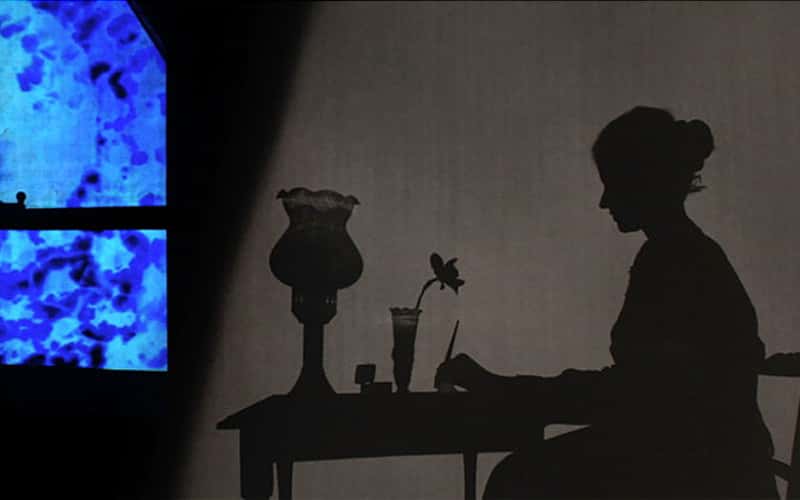 a grainy image shows the silhouette of a woman writing at a small desk with a vintage lamp and a flower in a narrow vase
