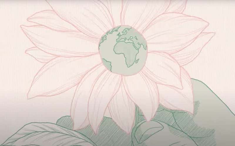 Image showing Illustration line art of a person with green hands holding a pink flower with a drawing of the earth in the centre of the flower