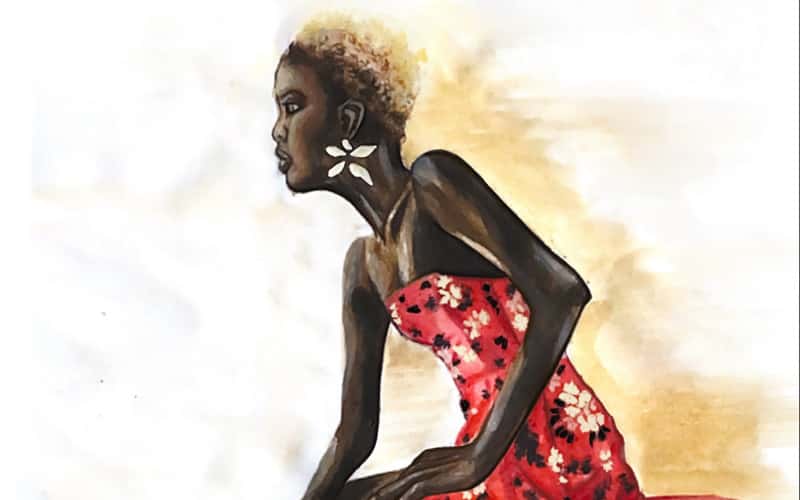 Watercolour style illustration of a black female model perching on a red stool. The model has shaved blonde hair, and is wearing a red strapless floor-length gown, with black and cream floral leaf pattern
