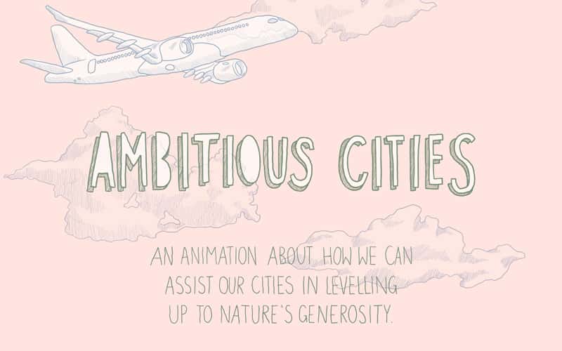 A digital illustration an aeroplane flying above hand-drawn typography 'Ambitious Cities'. The illustration has a pink background and each element is white with a soft green outline