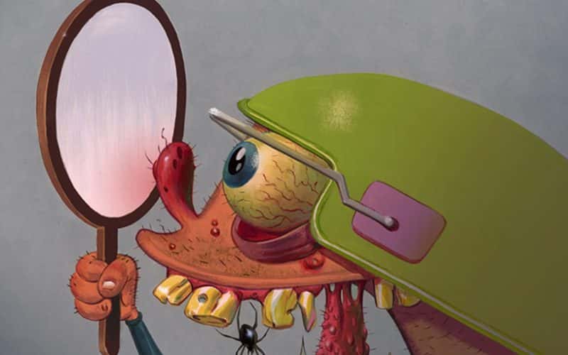 Illustration of cartoon brain with green hat looking in hand mirror
