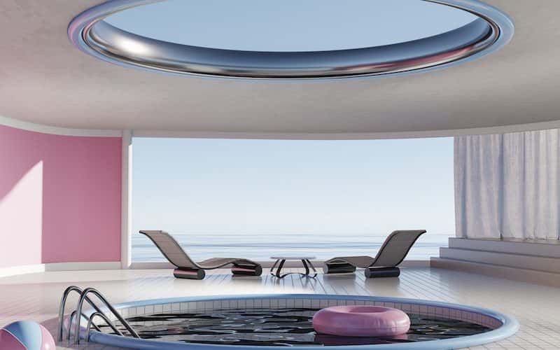 Image showing rendered image of two deck chairs next too small indoor pool with donut float and beach ball