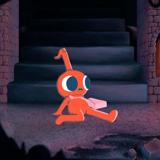  Image of 2D Animation still of soft red character sitting in an old building