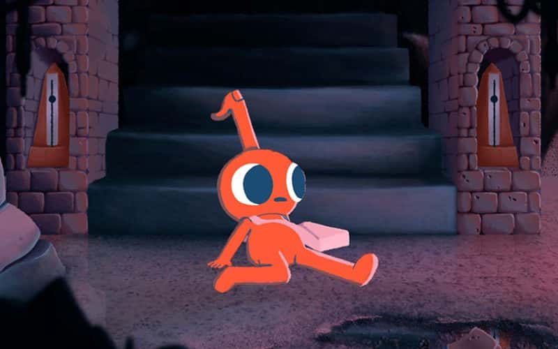 Image of 2D Animation still of soft red character sitting in an old building