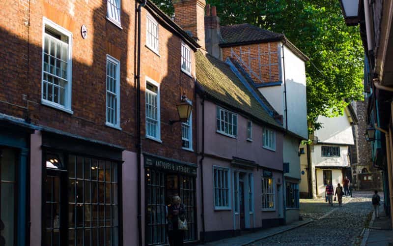 Image showing bottom of Elm Hill with cobbled streets and pastel buildings