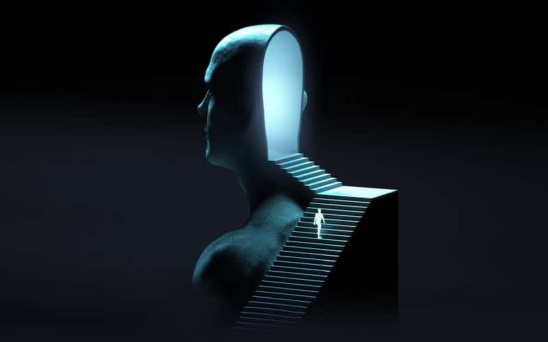 Visual effects student work by Karolis Arbaciauskas at Norwich University of the Arts showing glowing white silhouette descending a monolithic staircase form the back of a giant stone head