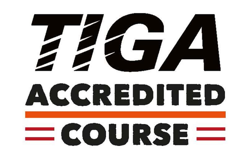 'TIGA Accredited Course' written in bold capital script, underlined with red lines.