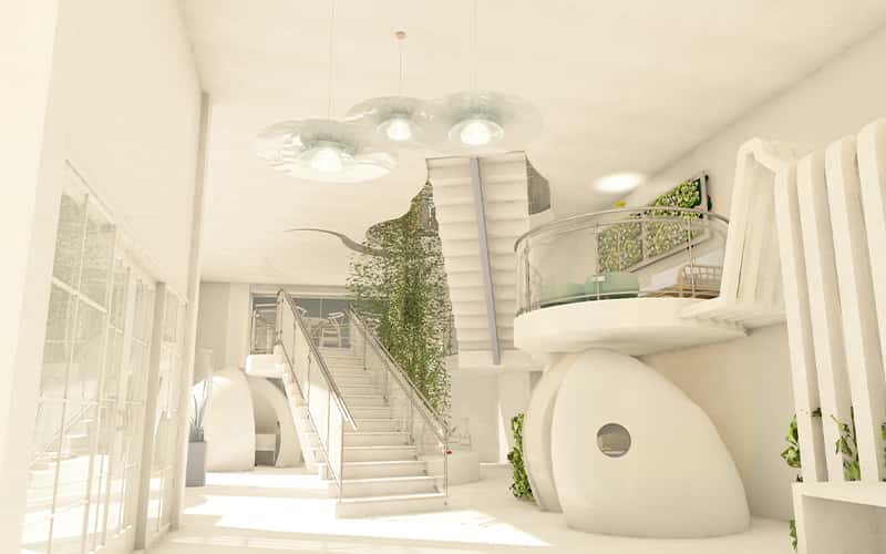 A digital design of an office entrance. The image is minimal and has a clean white colour pallet, with lots of natural light pouring in. The area is largely taken up by a staircase and hanging lights.