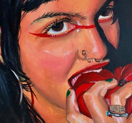  'The Love They Share', by Yasmin Shah. Painting of a person with long black hair biting into a red fruit. Both hands hold the fruit in front of the face, and a red line is painted below the eyes.